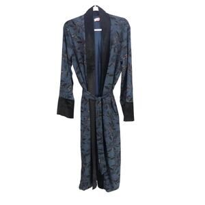 Re:named Blue Floral Print Velvet Trim Belted Long Robe Coat Womens L